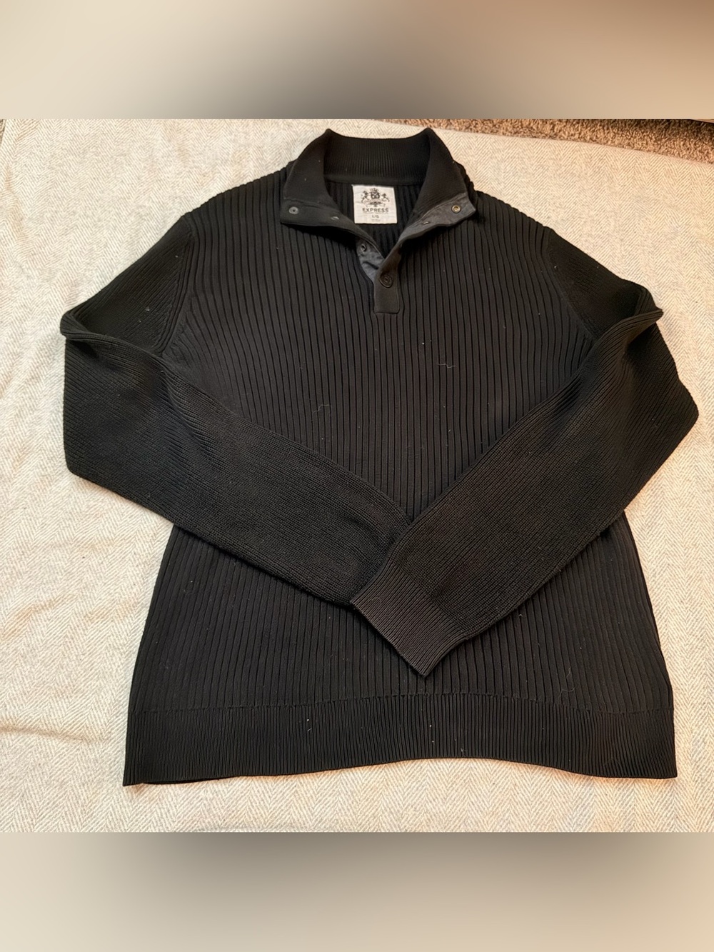 Express Ribbed Mens Large Black Sweater Ribbed Knit Quarter Button Mock Neck